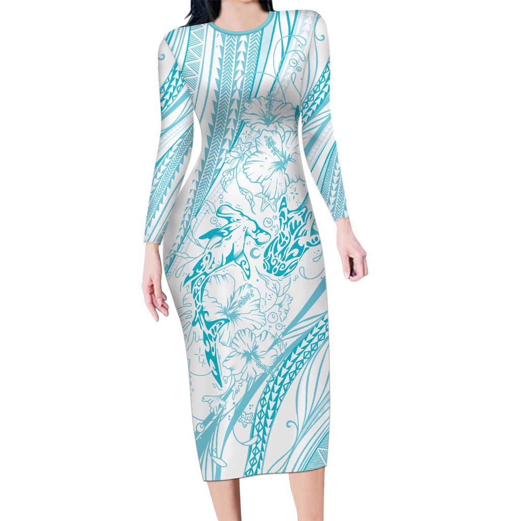 Sharks Couple Dreamy Polynesians Floral Sea Family Matching Long Sleeve Bodycon Dress and Hawaiian Shirt Turquoise LT7 Mom's Dress Turquoise - Polynesian Pride