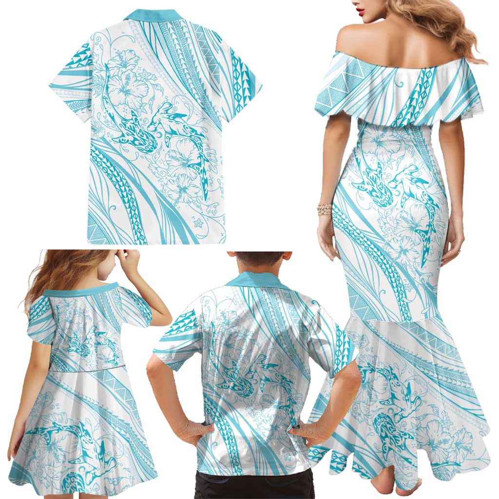 Sharks Couple Dreamy Polynesians Floral Sea Family Matching Mermaid Dress and Hawaiian Shirt Turquoise LT7 - Polynesian Pride
