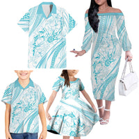 Sharks Couple Dreamy Polynesians Floral Sea Family Matching Off The Shoulder Long Sleeve Dress and Hawaiian Shirt Turquoise LT7 - Polynesian Pride