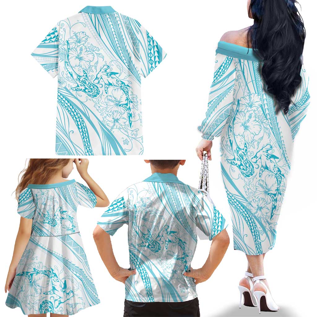 Sharks Couple Dreamy Polynesians Floral Sea Family Matching Off The Shoulder Long Sleeve Dress and Hawaiian Shirt Turquoise LT7 - Polynesian Pride