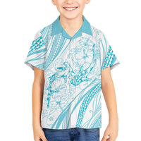 Sharks Couple Dreamy Polynesians Floral Sea Family Matching Off The Shoulder Long Sleeve Dress and Hawaiian Shirt Turquoise LT7 Son's Shirt Turquoise - Polynesian Pride