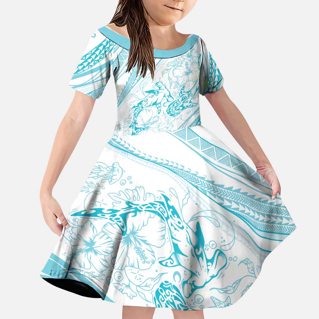 Sharks Couple Dreamy Polynesians Floral Sea Family Matching Off Shoulder Maxi Dress and Hawaiian Shirt Turquoise LT7 Daughter's Dress Turquoise - Polynesian Pride