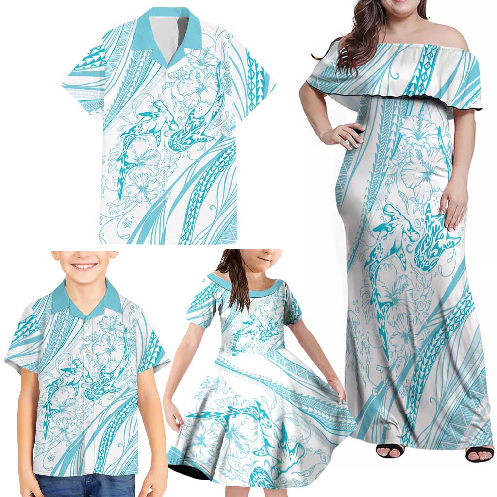 Sharks Couple Dreamy Polynesians Floral Sea Family Matching Off Shoulder Maxi Dress and Hawaiian Shirt Turquoise LT7 - Polynesian Pride