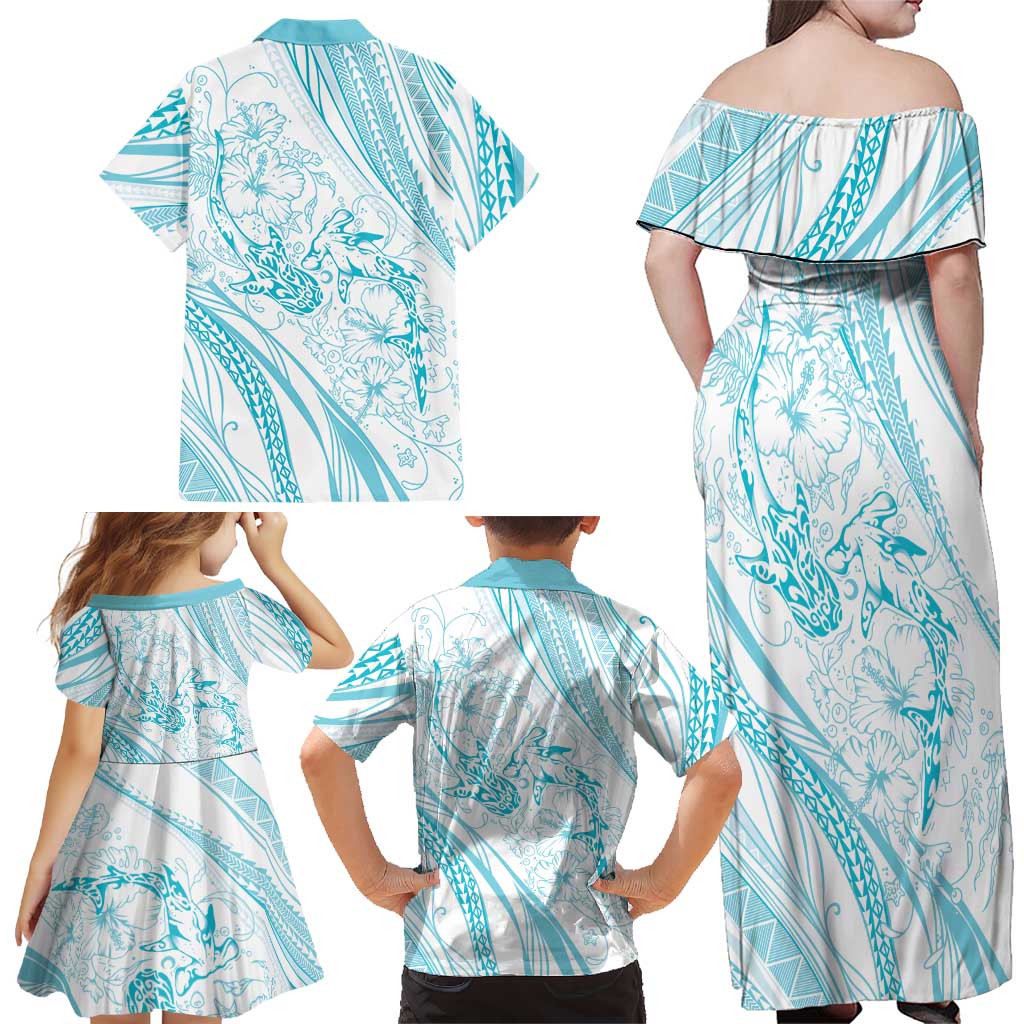 Sharks Couple Dreamy Polynesians Floral Sea Family Matching Off Shoulder Maxi Dress and Hawaiian Shirt Turquoise LT7 - Polynesian Pride