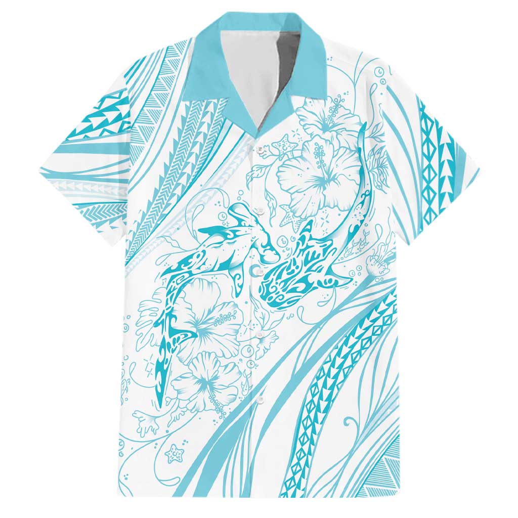 Sharks Couple Dreamy Polynesians Floral Sea Family Matching Off Shoulder Maxi Dress and Hawaiian Shirt Turquoise LT7 Dad's Shirt - Short Sleeve Turquoise - Polynesian Pride
