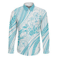 Sharks Couple Dreamy Polynesians Floral Sea Family Matching Off Shoulder Maxi Dress and Hawaiian Shirt Turquoise LT7 Dad's Shirt - Long Sleeve Turquoise - Polynesian Pride