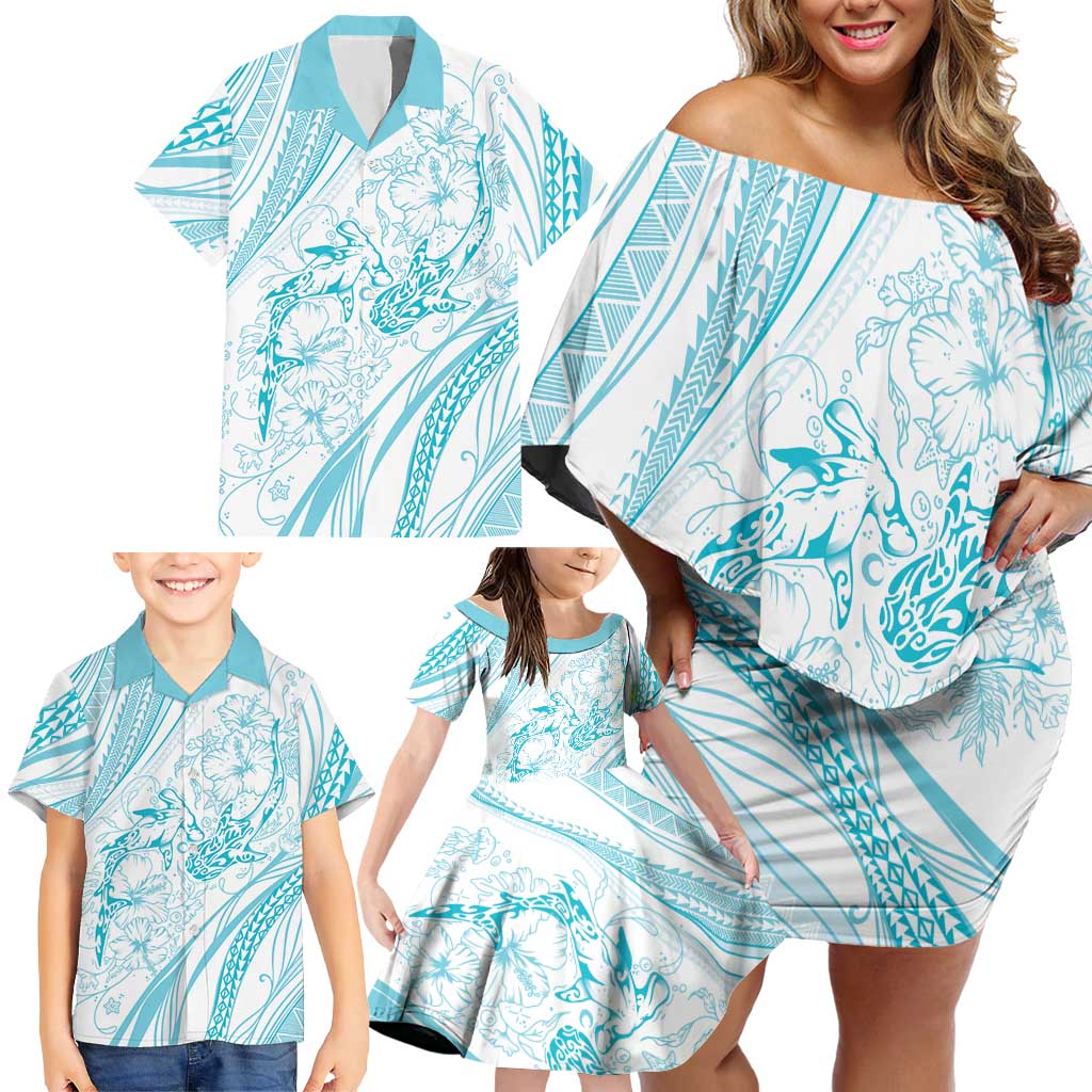 Sharks Couple Dreamy Polynesians Floral Sea Family Matching Off Shoulder Short Dress and Hawaiian Shirt Turquoise LT7 - Polynesian Pride