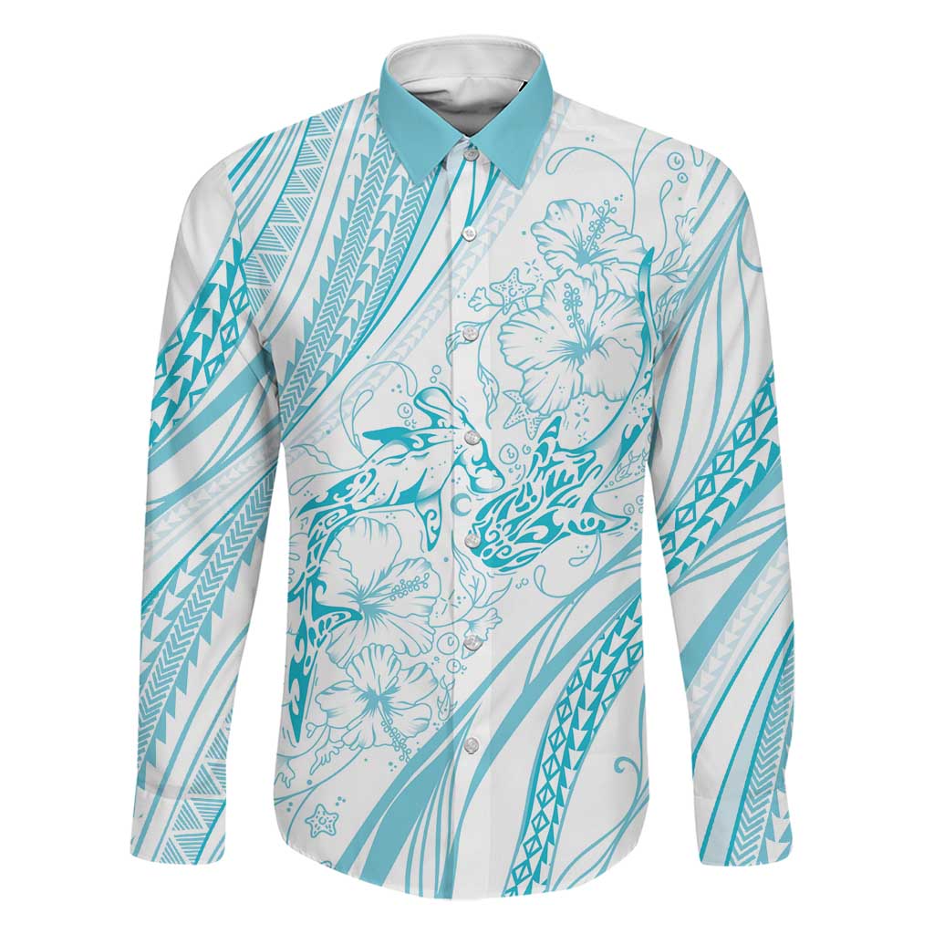 Sharks Couple Dreamy Polynesians Floral Sea Family Matching Off Shoulder Short Dress and Hawaiian Shirt Turquoise LT7 Dad's Shirt - Long Sleeve Turquoise - Polynesian Pride
