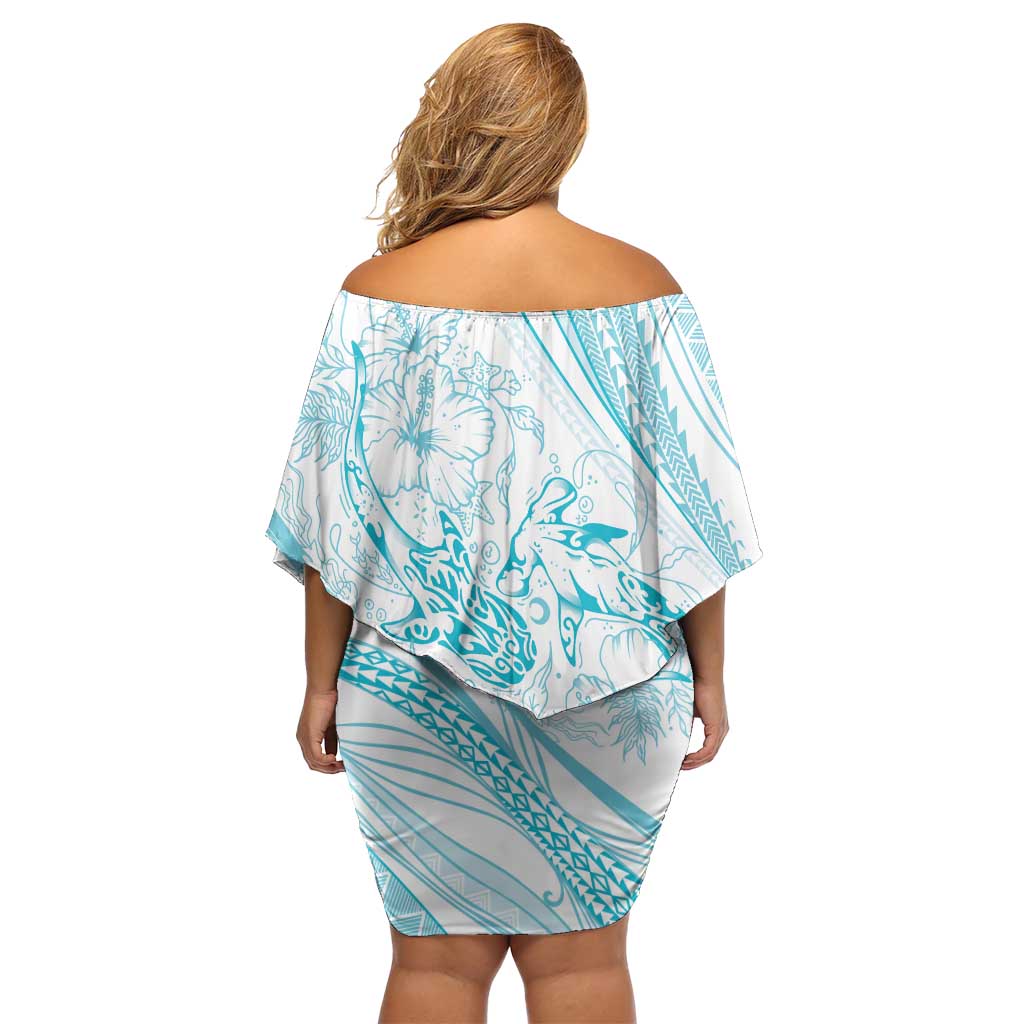 Sharks Couple Dreamy Polynesians Floral Sea Family Matching Off Shoulder Short Dress and Hawaiian Shirt Turquoise LT7 - Polynesian Pride