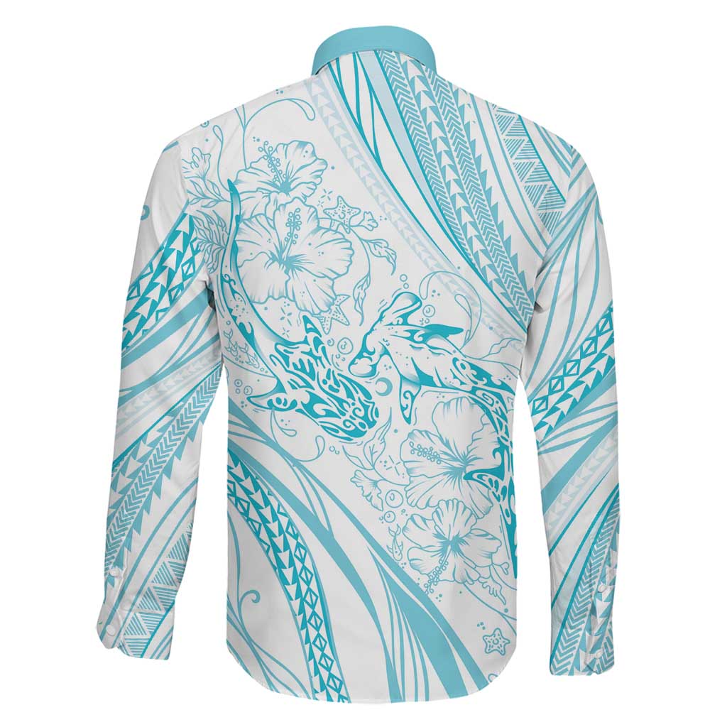 Sharks Couple Dreamy Polynesians Floral Sea Family Matching Short Sleeve Bodycon Dress and Hawaiian Shirt Turquoise LT7 - Polynesian Pride