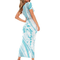 Sharks Couple Dreamy Polynesians Floral Sea Family Matching Short Sleeve Bodycon Dress and Hawaiian Shirt Turquoise LT7 - Polynesian Pride