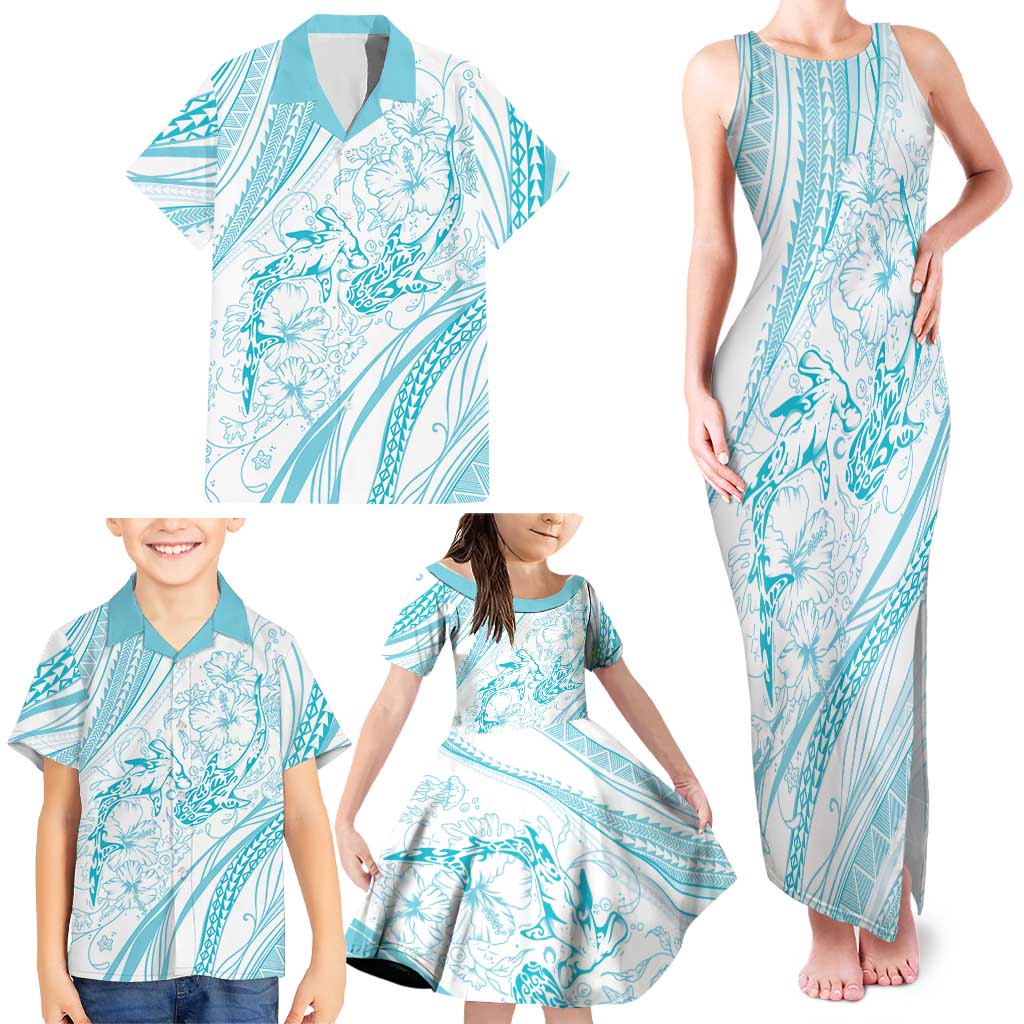 Sharks Couple Dreamy Polynesians Floral Sea Family Matching Tank Maxi Dress and Hawaiian Shirt Turquoise - Polynesian Pride