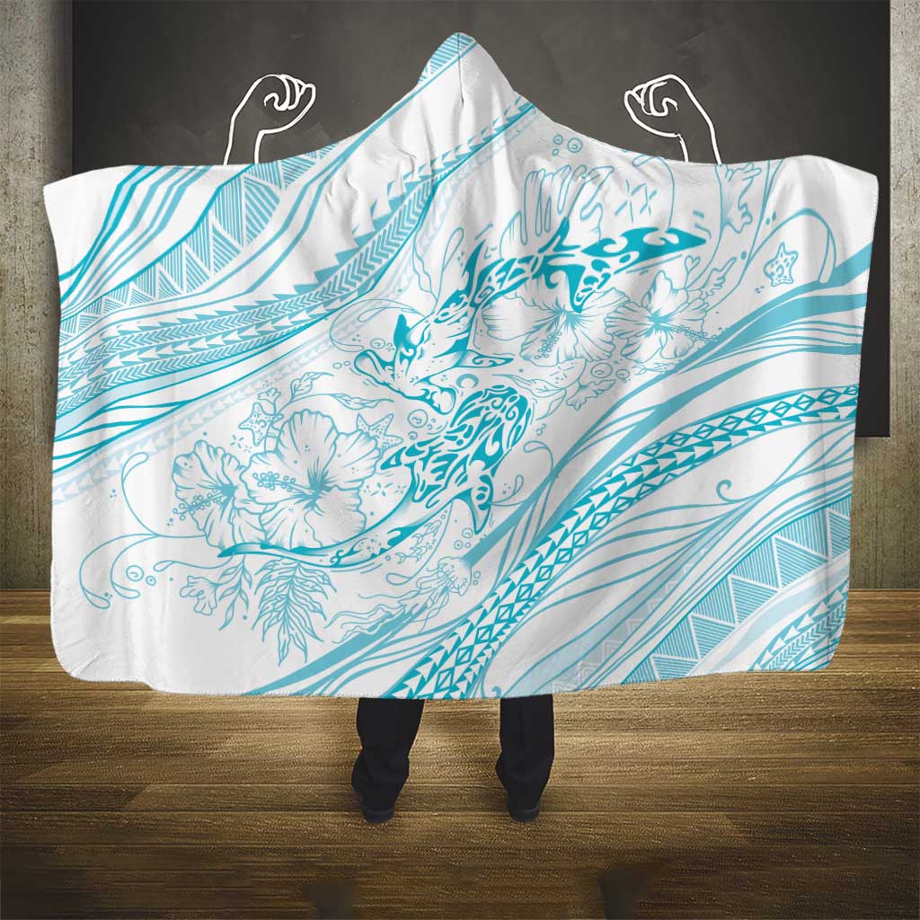 Sharks Couple Dreamy Polynesians Floral Sea Hooded Blanket Turquoise - Polynesian Pride