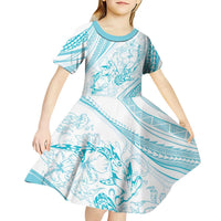 Sharks Couple Dreamy Polynesians Floral Sea Kid Short Sleeve Dress Turquoise LT7 - Polynesian Pride