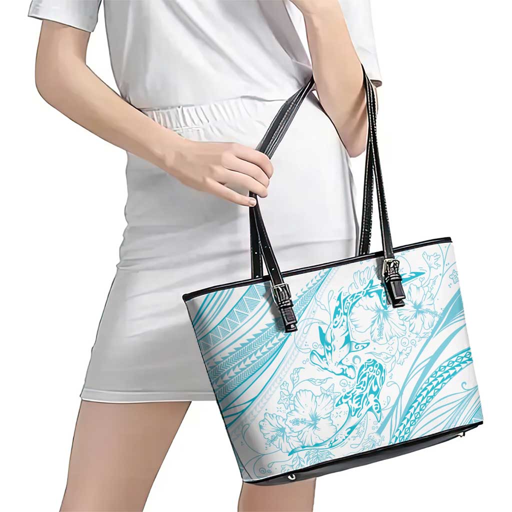 Sharks Couple Dreamy Polynesians Floral Sea Leather Tote Bag Turquoise - Polynesian Pride