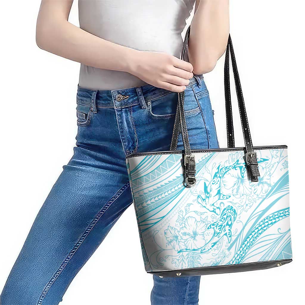 Sharks Couple Dreamy Polynesians Floral Sea Leather Tote Bag Turquoise - Polynesian Pride