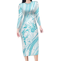 Sharks Couple Dreamy Polynesians Floral Sea Long Sleeve Bodycon Dress Turquoise LT7 Long Dress Turquoise - Polynesian Pride