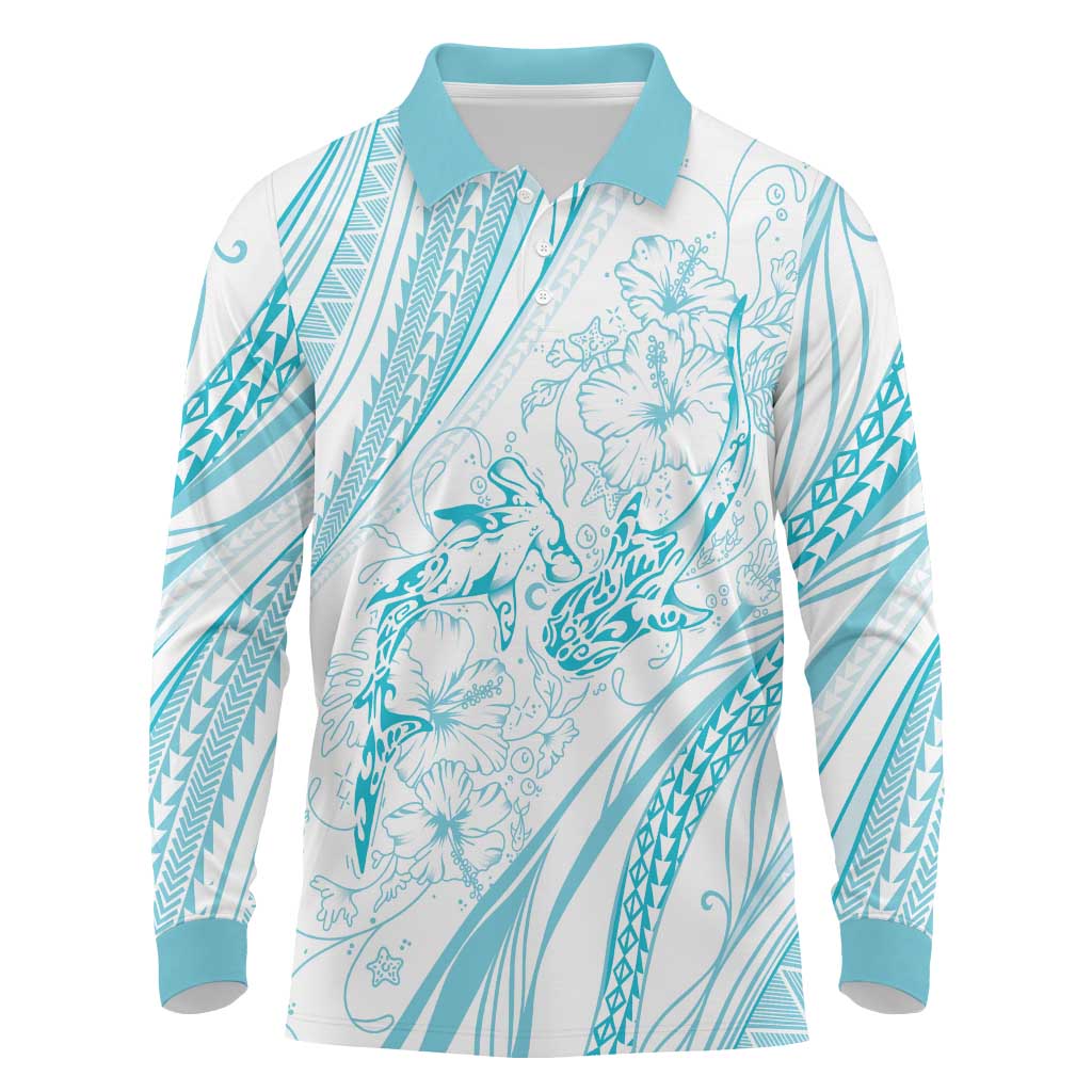 Sharks Couple Dreamy Polynesians Floral Sea Long Sleeve Polo Shirt Turquoise LT7 Turquoise - Polynesian Pride