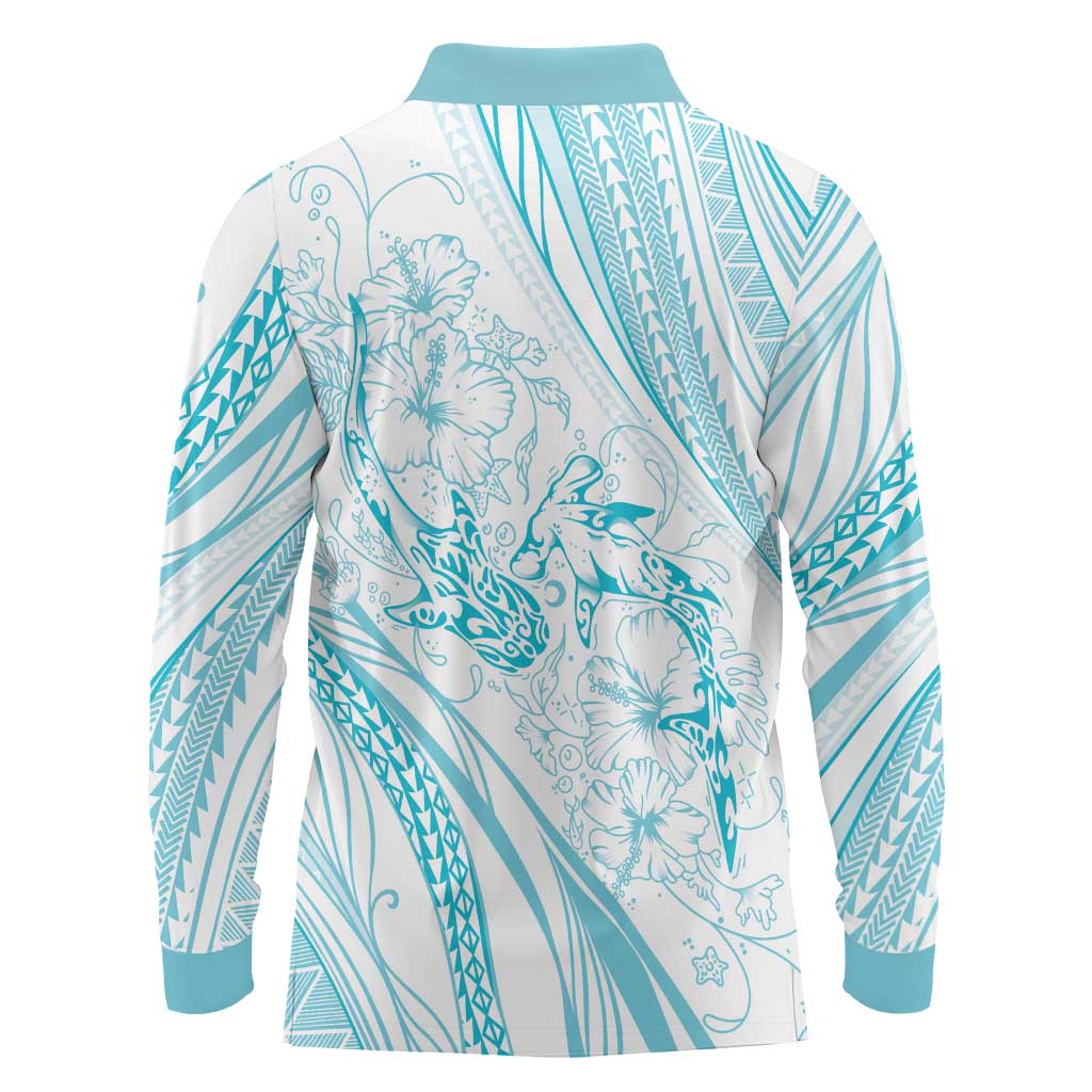 Sharks Couple Dreamy Polynesians Floral Sea Long Sleeve Polo Shirt Turquoise LT7 - Polynesian Pride