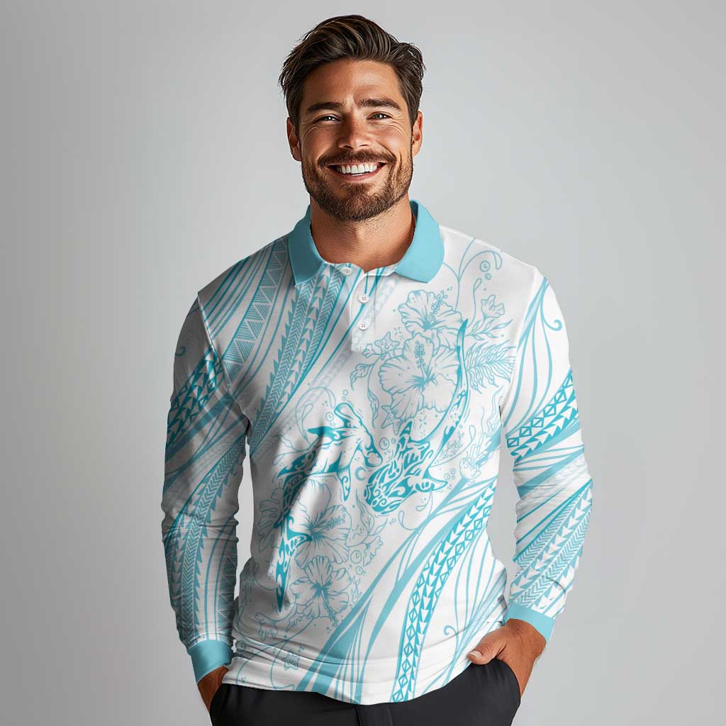 Sharks Couple Dreamy Polynesians Floral Sea Long Sleeve Polo Shirt Turquoise LT7 - Polynesian Pride