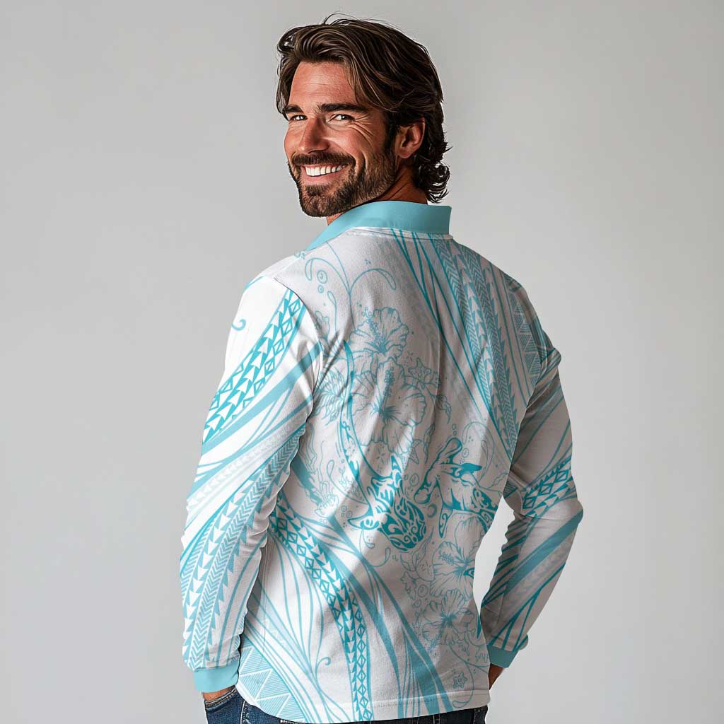 Sharks Couple Dreamy Polynesians Floral Sea Long Sleeve Polo Shirt Turquoise LT7 - Polynesian Pride