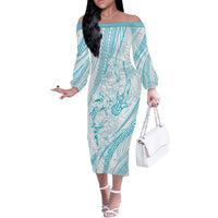 Sharks Couple Dreamy Polynesians Floral Sea Off The Shoulder Long Sleeve Dress Turquoise LT7 Women Turquoise - Polynesian Pride