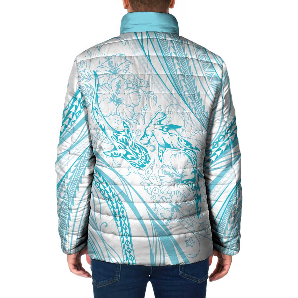 Sharks Couple Dreamy Polynesians Floral Sea Padded Jacket Turquoise - Polynesian Pride