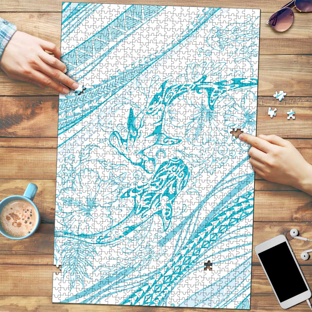 Sharks Couple Dreamy Polynesians Floral Sea Puzzle Turquoise - Polynesian Pride