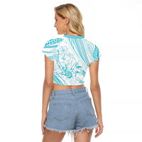 Sharks Couple Dreamy Polynesians Floral Sea Raglan Cropped T Shirt Turquoise - undefined