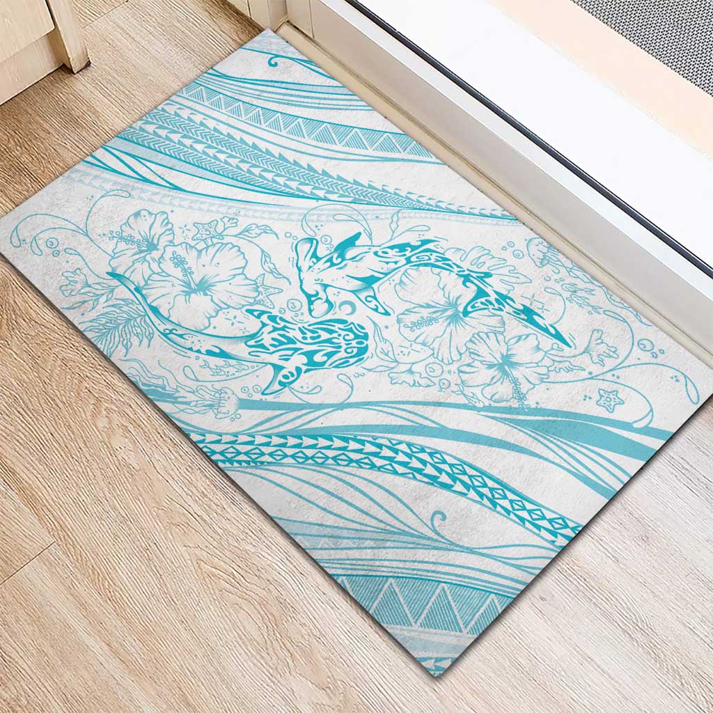 Sharks Couple Dreamy Polynesians Floral Sea Rubber Doormat Turquoise - Polynesian Pride