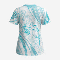 Sharks Couple Dreamy Polynesians Floral Sea Scrub Top Turquoise - Polynesian Pride