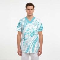 Sharks Couple Dreamy Polynesians Floral Sea Scrub Top Turquoise - Polynesian Pride