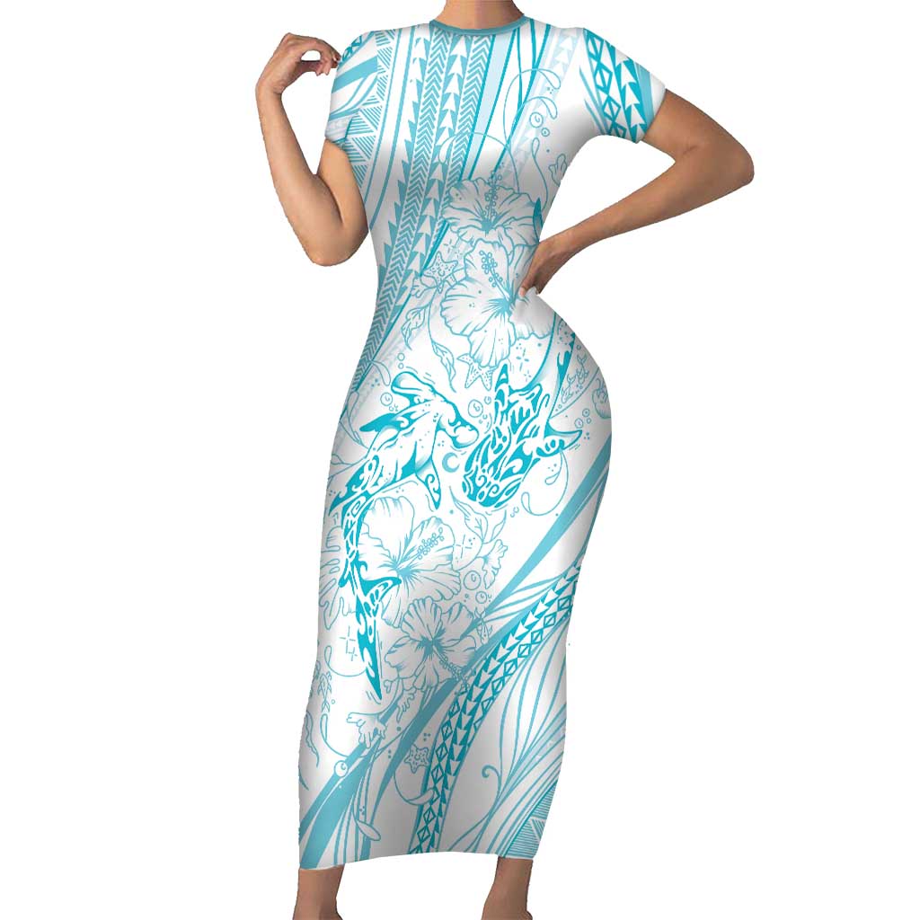Sharks Couple Dreamy Polynesians Floral Sea Short Sleeve Bodycon Dress Turquoise LT7 Long Dress Turquoise - Polynesian Pride
