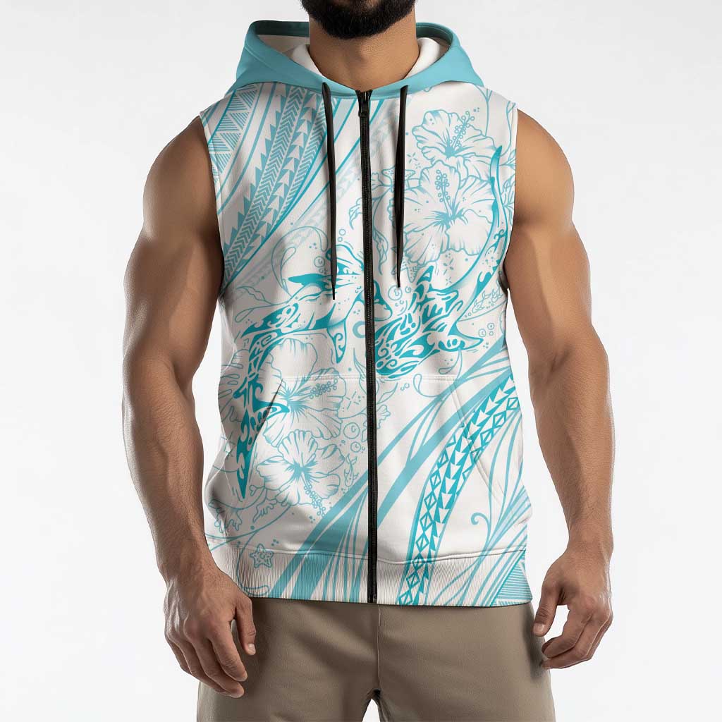 Sharks Couple Dreamy Polynesians Floral Sea Sleeveless Zip Hoodie Turquoise LT7 - Polynesian Pride