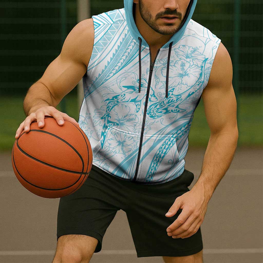 Sharks Couple Dreamy Polynesians Floral Sea Sleeveless Zip Hoodie Turquoise LT7 - Polynesian Pride