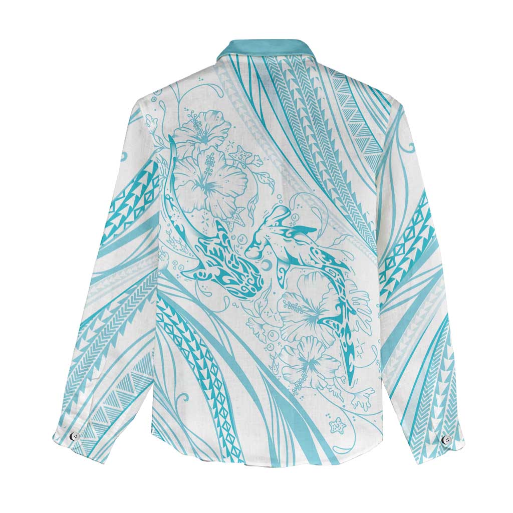 Sharks Couple Dreamy Polynesians Floral Sea Women Casual Shirt Turquoise LT7 - Polynesian Pride