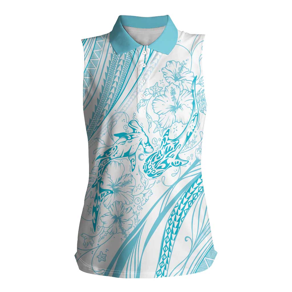 Sharks Couple Dreamy Polynesians Floral Sea Women Sleeveless Polo Shirt Turquoise LT7 Female Turquoise - Polynesian Pride