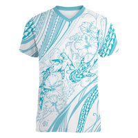 Sharks Couple Dreamy Polynesians Floral Sea Women V-Neck T-Shirt Turquoise LT7 Female Turquoise - Polynesian Pride
