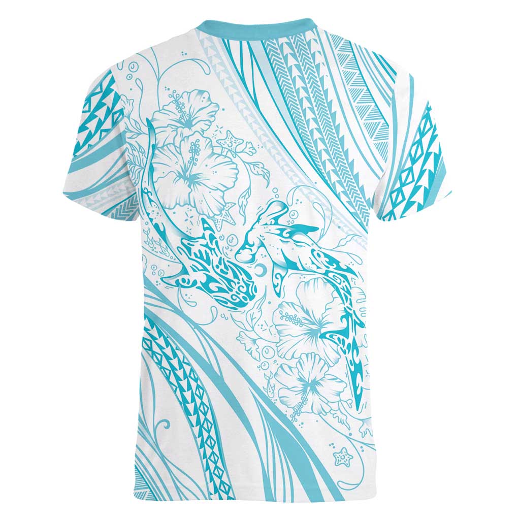 Sharks Couple Dreamy Polynesians Floral Sea Women V-Neck T-Shirt Turquoise LT7 - Polynesian Pride