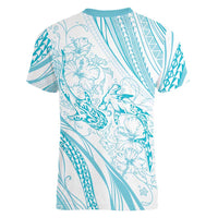 Sharks Couple Dreamy Polynesians Floral Sea Women V-Neck T-Shirt Turquoise LT7 - Polynesian Pride