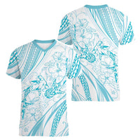 Sharks Couple Dreamy Polynesians Floral Sea Women V-Neck T-Shirt Turquoise LT7 - Polynesian Pride