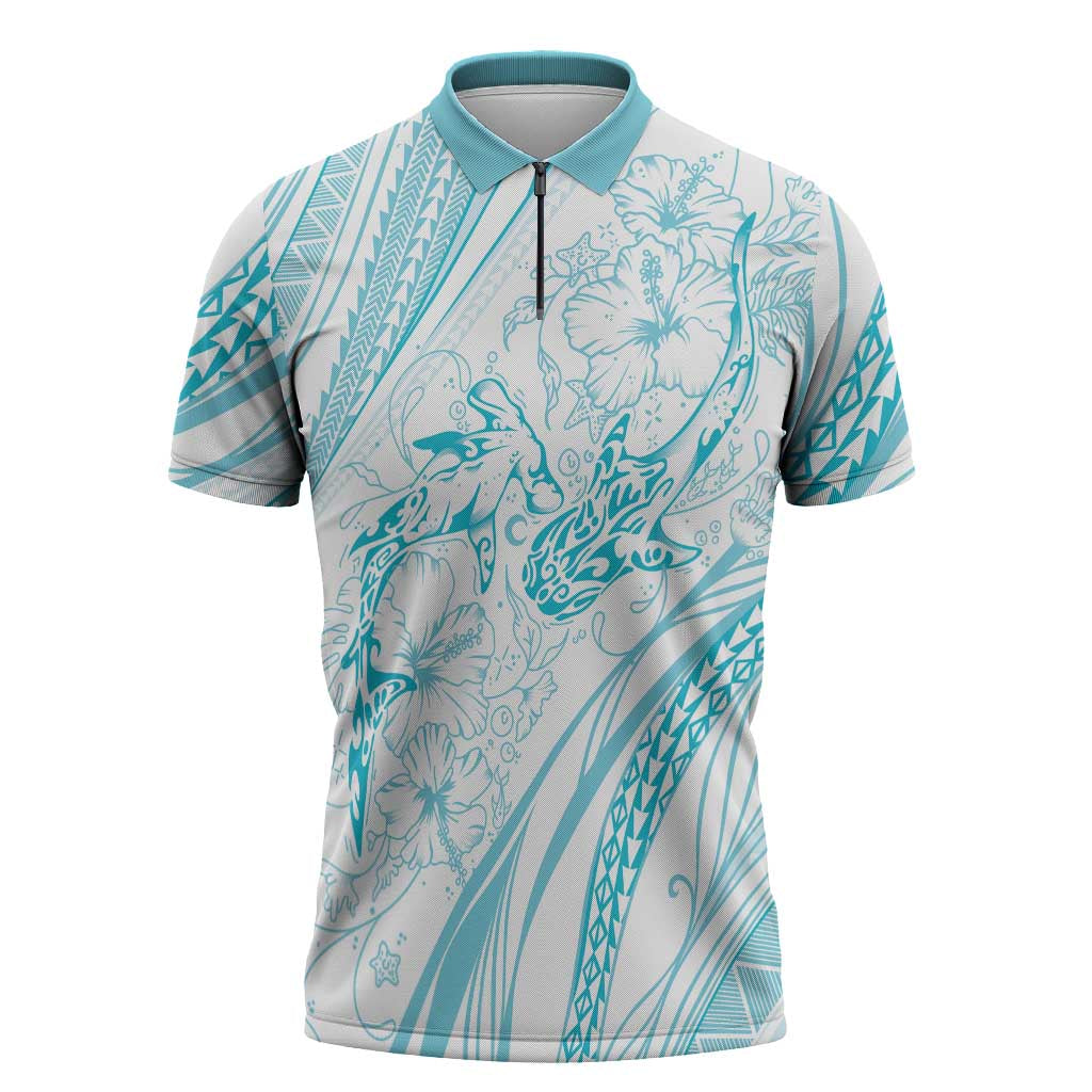 Sharks Couple Dreamy Polynesians Floral Sea Zipper Polo Shirt Turquoise LT7 Turquoise - Polynesian Pride