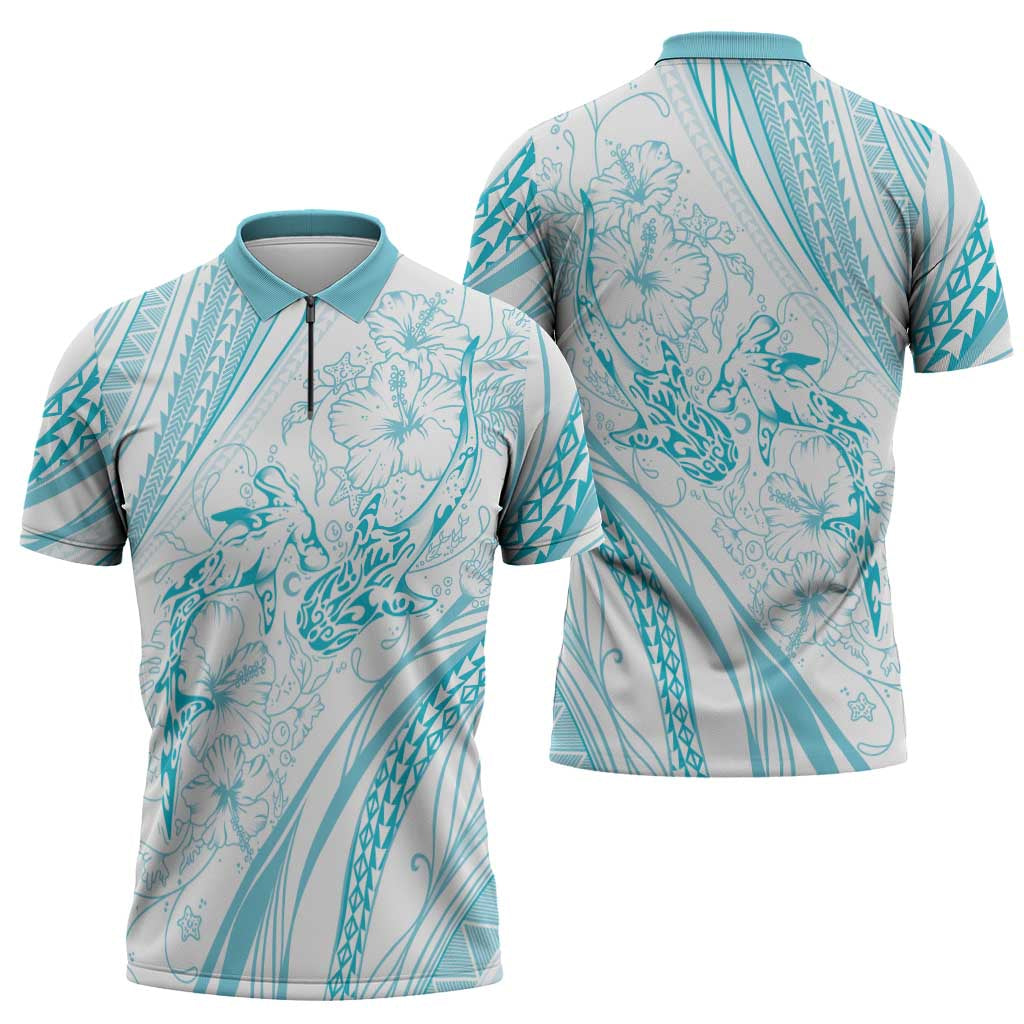 Sharks Couple Dreamy Polynesians Floral Sea Zipper Polo Shirt Turquoise LT7 - Polynesian Pride