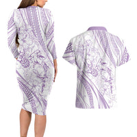Sharks Couple Dreamy Polynesians Floral Sea Couples Matching Long Sleeve Bodycon Dress and Hawaiian Shirt Lilac LT7 - Polynesian Pride
