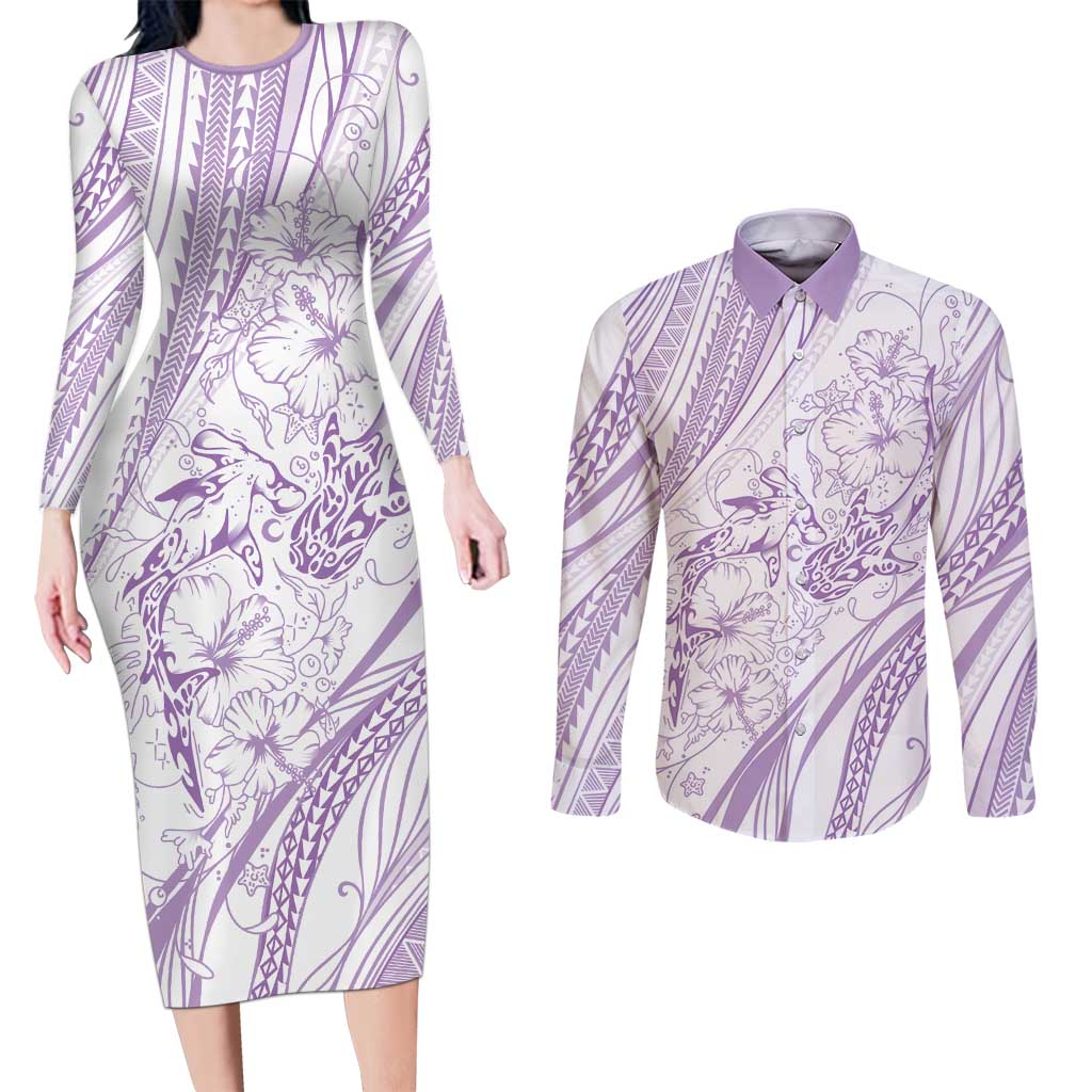Sharks Couple Dreamy Polynesians Floral Sea Couples Matching Long Sleeve Bodycon Dress and Long Sleeve Button Shirt Lilac LT7 Lilac - Polynesian Pride
