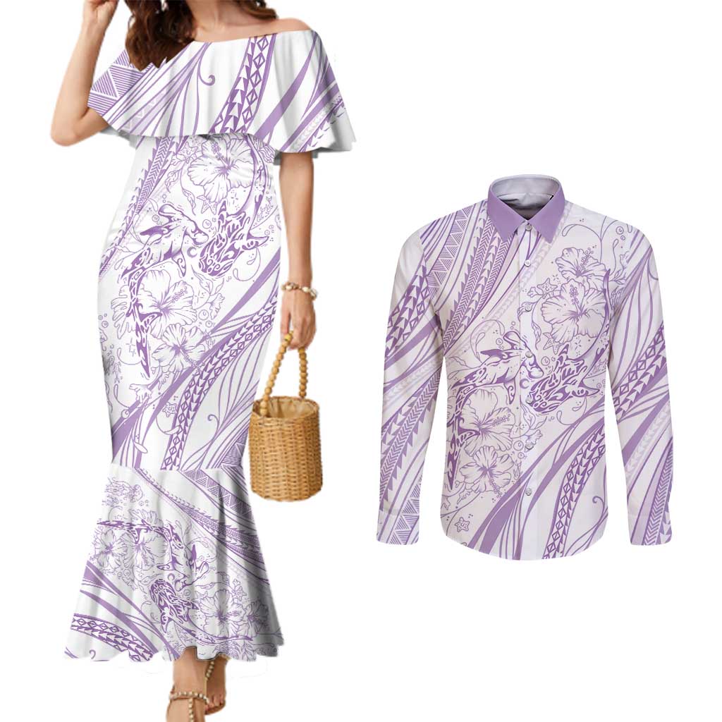 Sharks Couple Dreamy Polynesians Floral Sea Couples Matching Mermaid Dress and Long Sleeve Button Shirt Lilac LT7 Lilac - Polynesian Pride