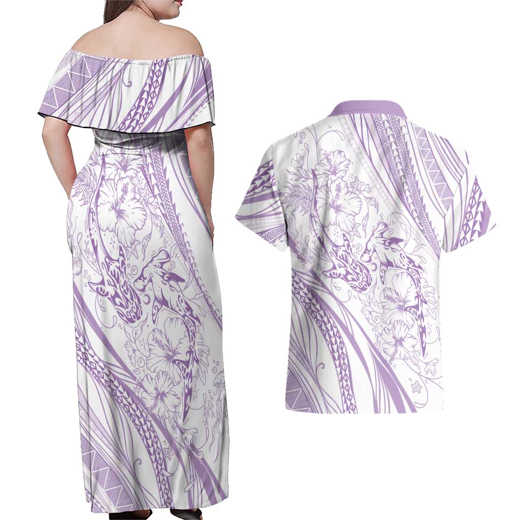 Sharks Couple Dreamy Polynesians Floral Sea Couples Matching Off Shoulder Maxi Dress and Hawaiian Shirt Lilac LT7 - Polynesian Pride
