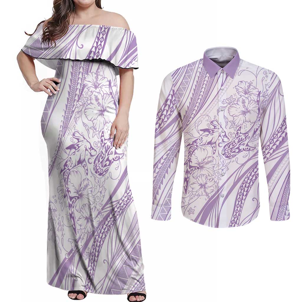 Sharks Couple Dreamy Polynesians Floral Sea Couples Matching Off Shoulder Maxi Dress and Long Sleeve Button Shirt Lilac LT7 Lilac - Polynesian Pride