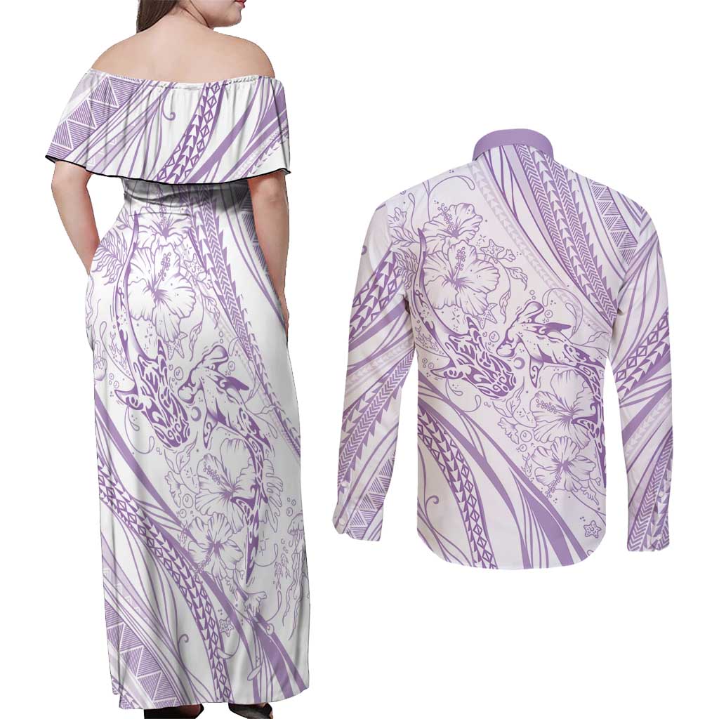 Sharks Couple Dreamy Polynesians Floral Sea Couples Matching Off Shoulder Maxi Dress and Long Sleeve Button Shirt Lilac LT7 - Polynesian Pride
