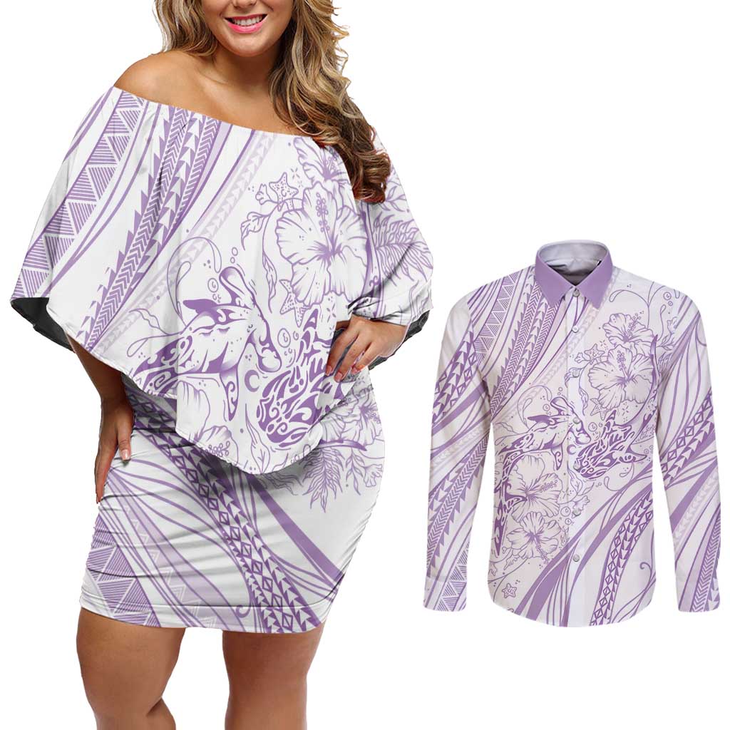 Sharks Couple Dreamy Polynesians Floral Sea Couples Matching Off Shoulder Short Dress and Long Sleeve Button Shirt Lilac LT7 Lilac - Polynesian Pride